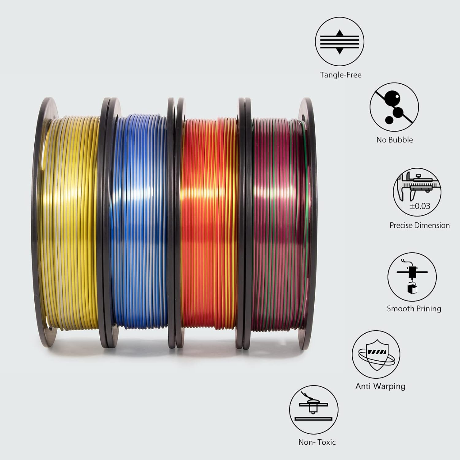 iSANMATE 3D Printer Filament, PLA Filament 1.75mm Bundle, Dual Color Filament Silk PLA, Dimensional Accuracy +/- 0.03 mm, 250g x 4 Pack(Gold+Red,Red+Green, Blue+Silver, Bronze+Silver)
