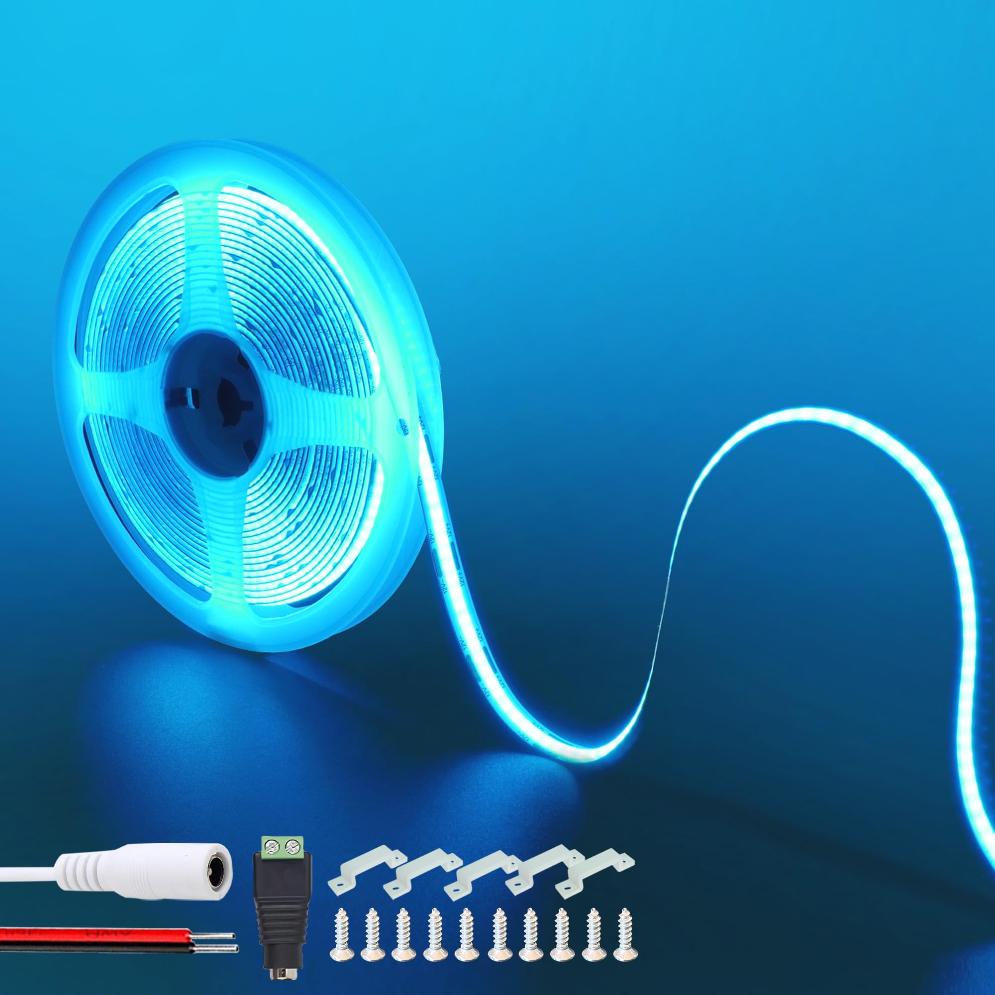 Clearhill Women's Iceblue 12V Cob Led Strip Lights16.4ft/5M(No Power Supply),,320Leds/M,With 5521Dc And Red And Black Wire Connectors,8Mm Width,Ip20,For Diy Home Indoor Decoration