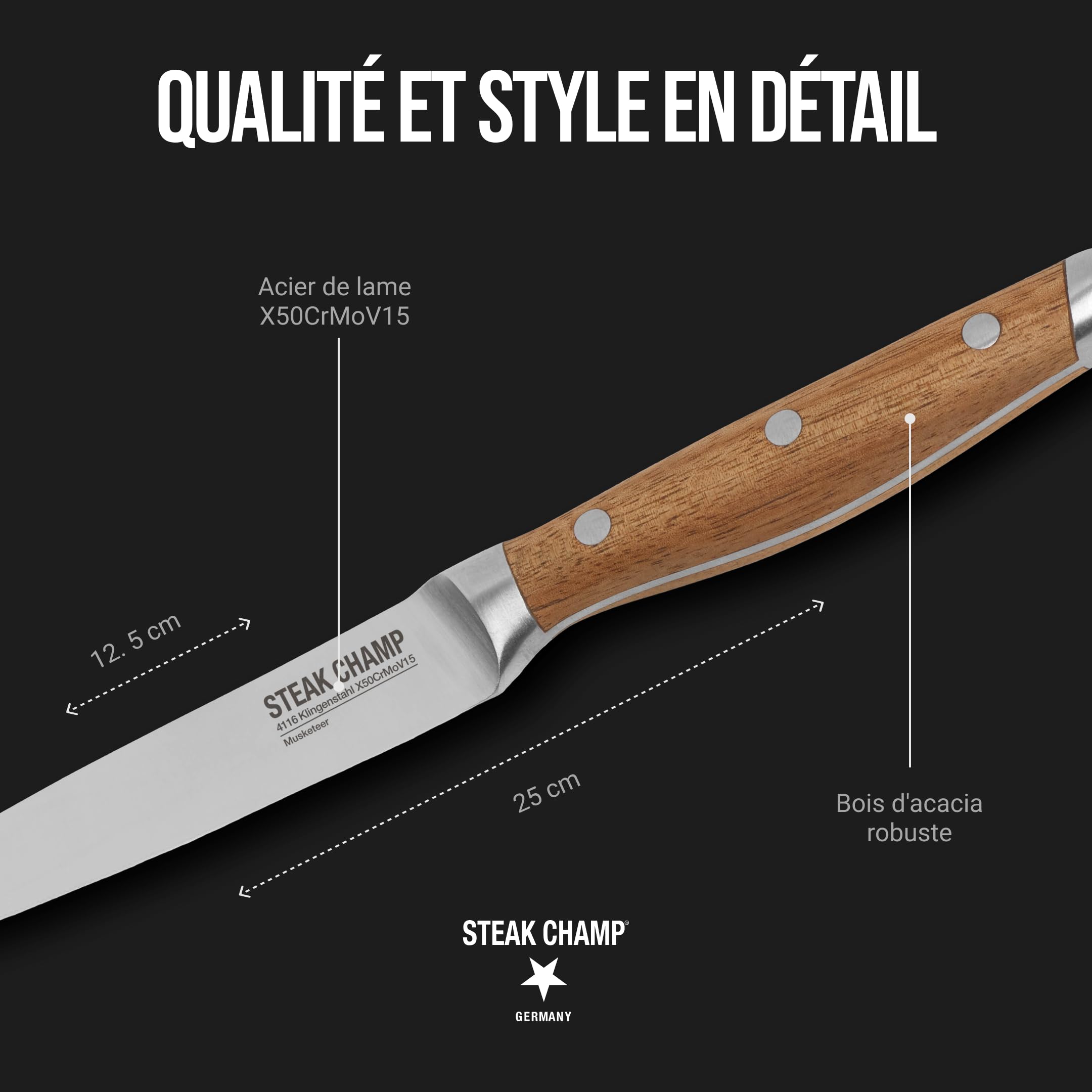 Fourchette à viande et couteau à steak Steak Champ, 2 x 2 pièces : Fourchettes et couteaux en acier à lame, affûtés au micro-ondes, set de 4 pièces, boîte en bois incluse