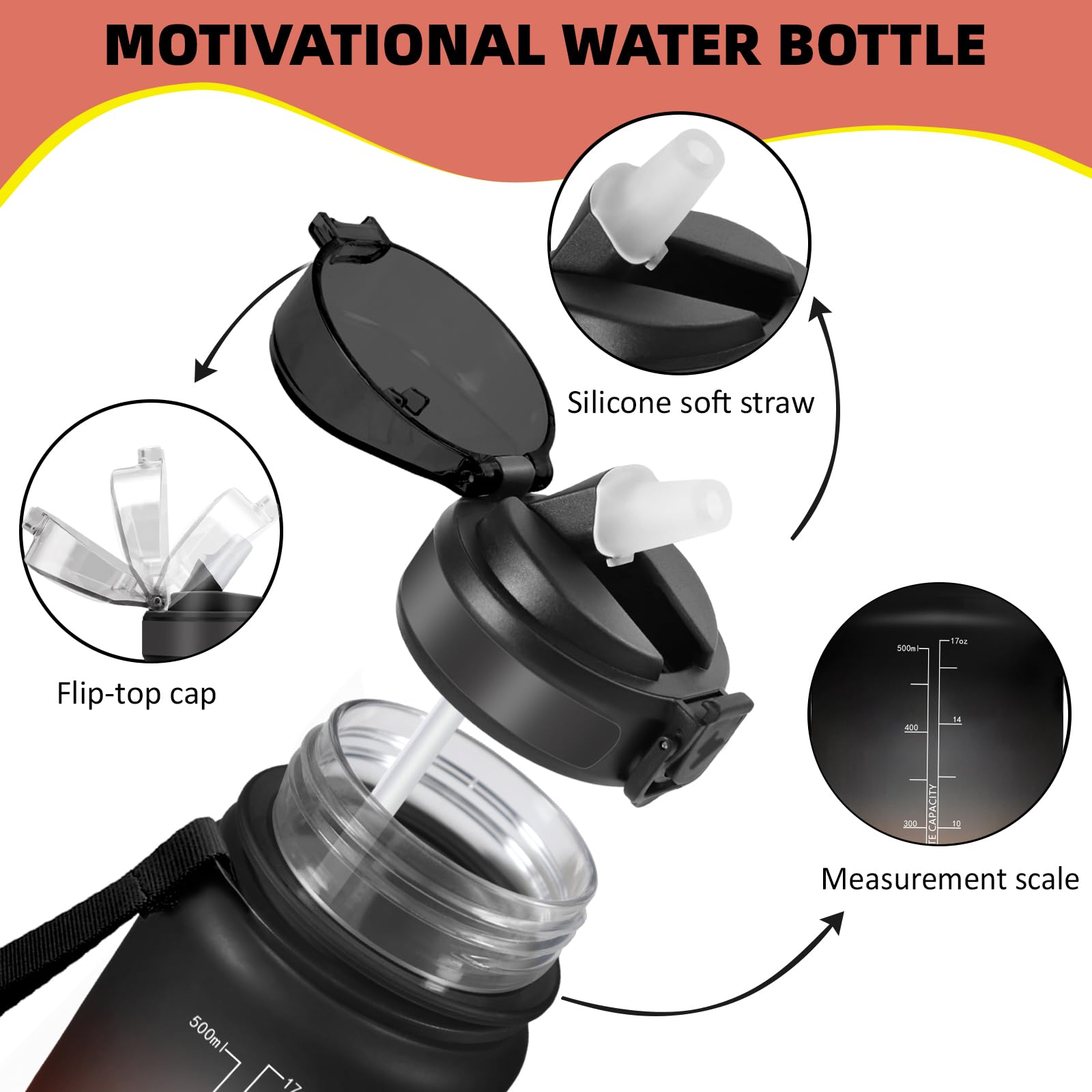 Grsta Borraccia 500ml, Borraccia Bambino con Cannuccia, Facile da Pulire, Bottiglia Motivazionale con Indicatore del Tempo, A Prova di Perdite Borracce per Scuola, Trekking, Outdoor