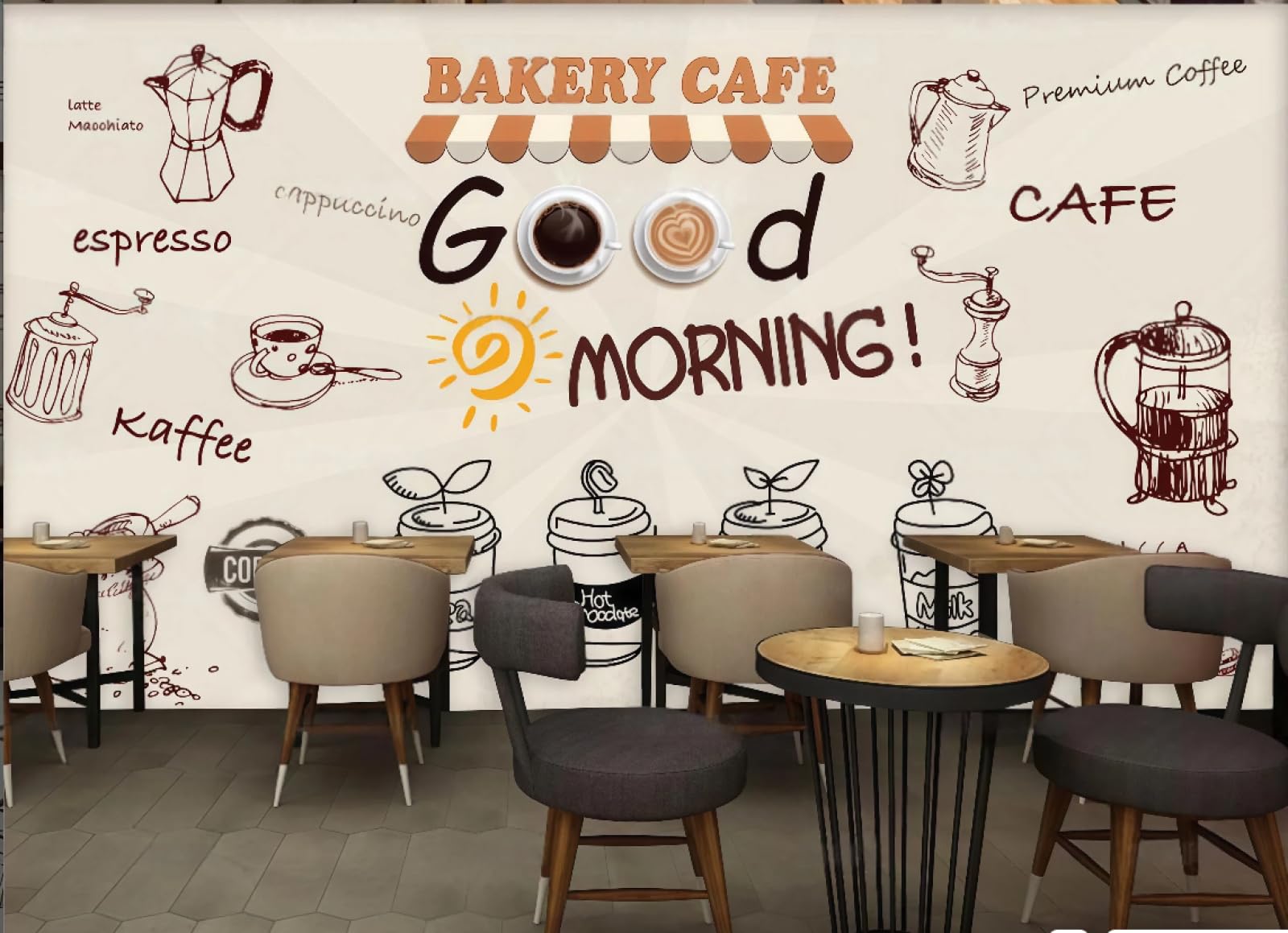 XDOUBAO Wallpaper Fashion Hand-Painted English Coffee Theme Dessert Cake Shop Shopping Mall Afternoon Tea Western Restaurant Background Wall Wallpaper Coffee Shop Mural,3D,430x300cm