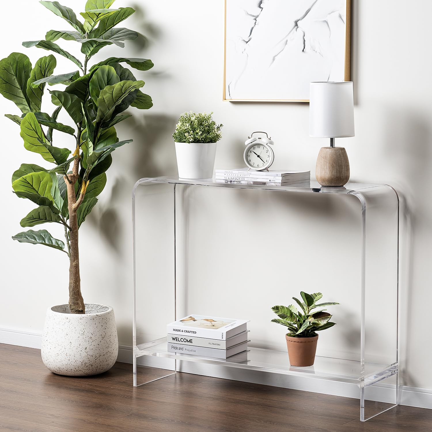 Mesa de consola de entrada de acrílico transparente de 0.591 in con estante inferior de exhibición, 2 niveles para sala de estar, sofá, estantes de almacenamiento, decoración moderna de lujo 5