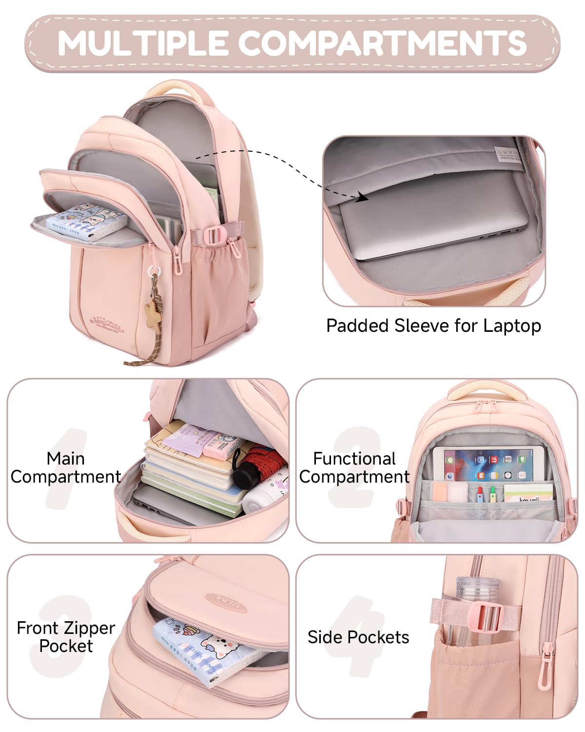 Sac à Dos Fille Adolescent - Cartable Scolaire Imperméable avec Porte-clés étoile - Sac a Dos pour École Primaire College Lycée à la Mode pour PC 15.6", Rose