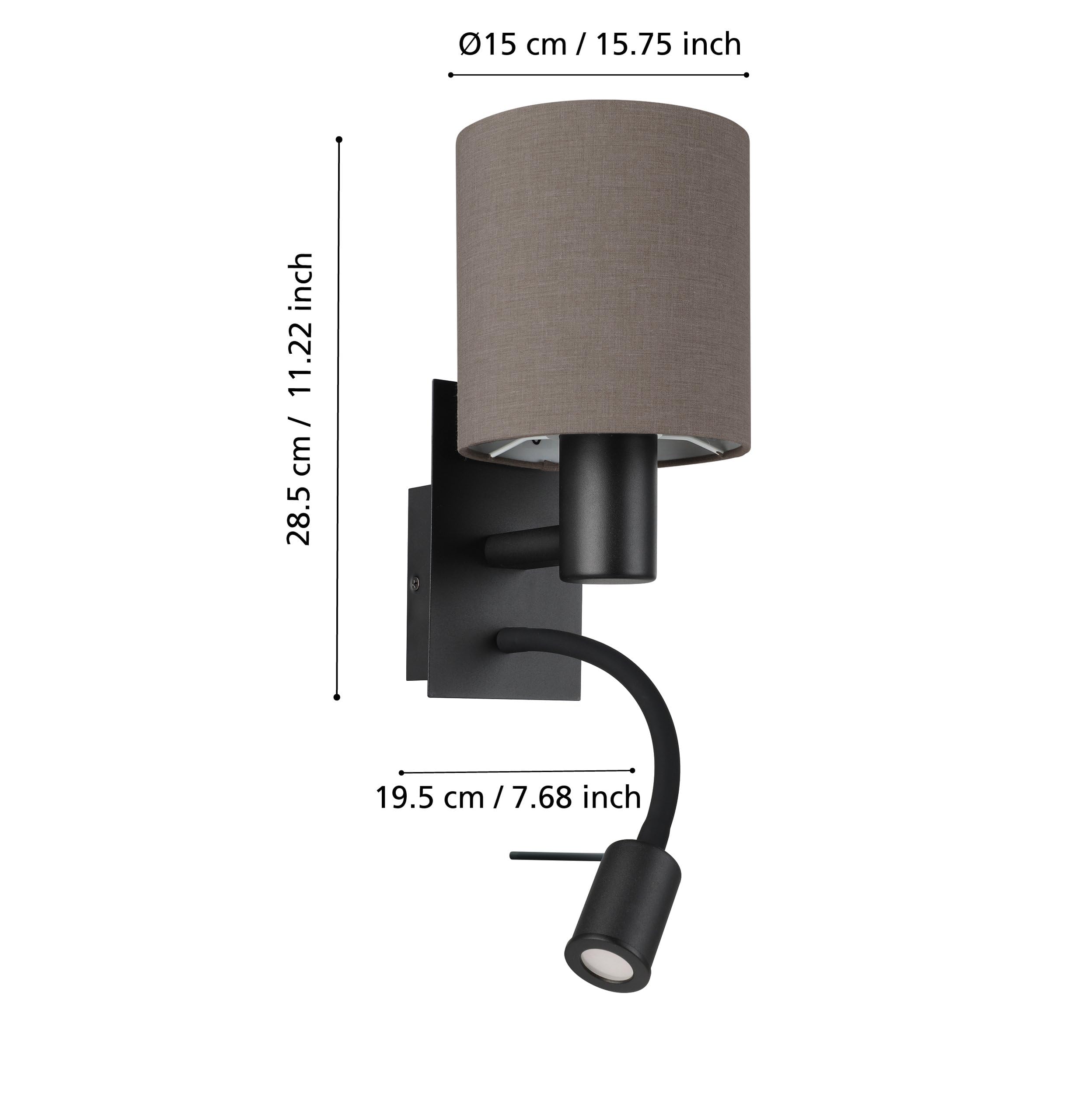 EGLO LED Wandlampe Pasteri, Wandleuchte für innen mit Leselampe | Wandspot aus Metall in Schwarz und Textil in Anthrazit-Braun, Wand Lampe für Wohnzimmer und Schlafzimmer, E27 Fassung