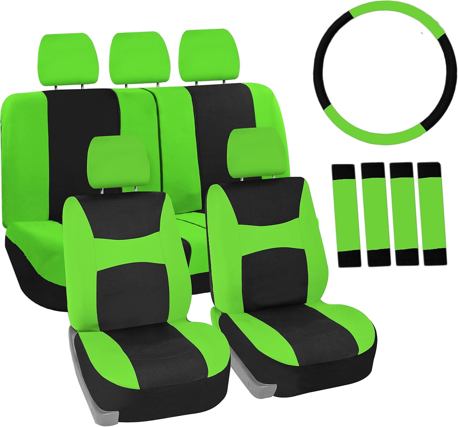 Automotive Seat Covers Green Universal Fit Combo Set with Steering Wheel Cover and Seat Belt Pad fits most Cars, SUVs, and Trucks (Airbag Compatible and Split Bench) FH Group FB030GREEN-COMBO
