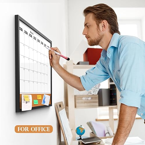 Miniatura 5 de Calendario mensual de pizarra blanca y tableros de corcho para paredes, pizarra magnética de borrado en seco de 23 x 17 pulgadas con marco de madera