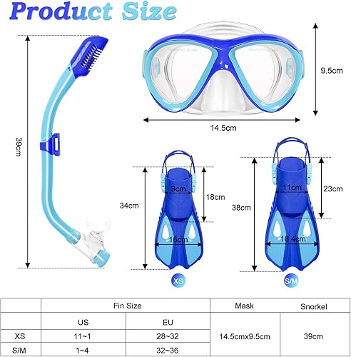 Miniatura 2 de Snorkeling Gear for Kids Ages 5-15, 4 in 1 Mask Fins Snorkel Set with HD Tempered Glass Panoramic View Anti-Fog Mask, Dry Top Snorkel, Adjustable