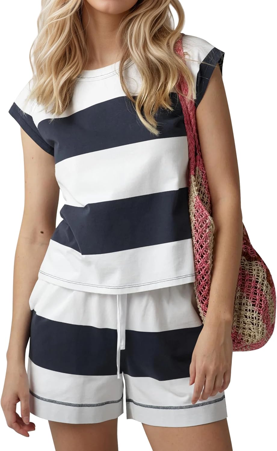 Striped Two Piece Matching Sets for Women Lounge Short Set Short Sleeve T Shirt and Drawstring Shorts Summer Outfits