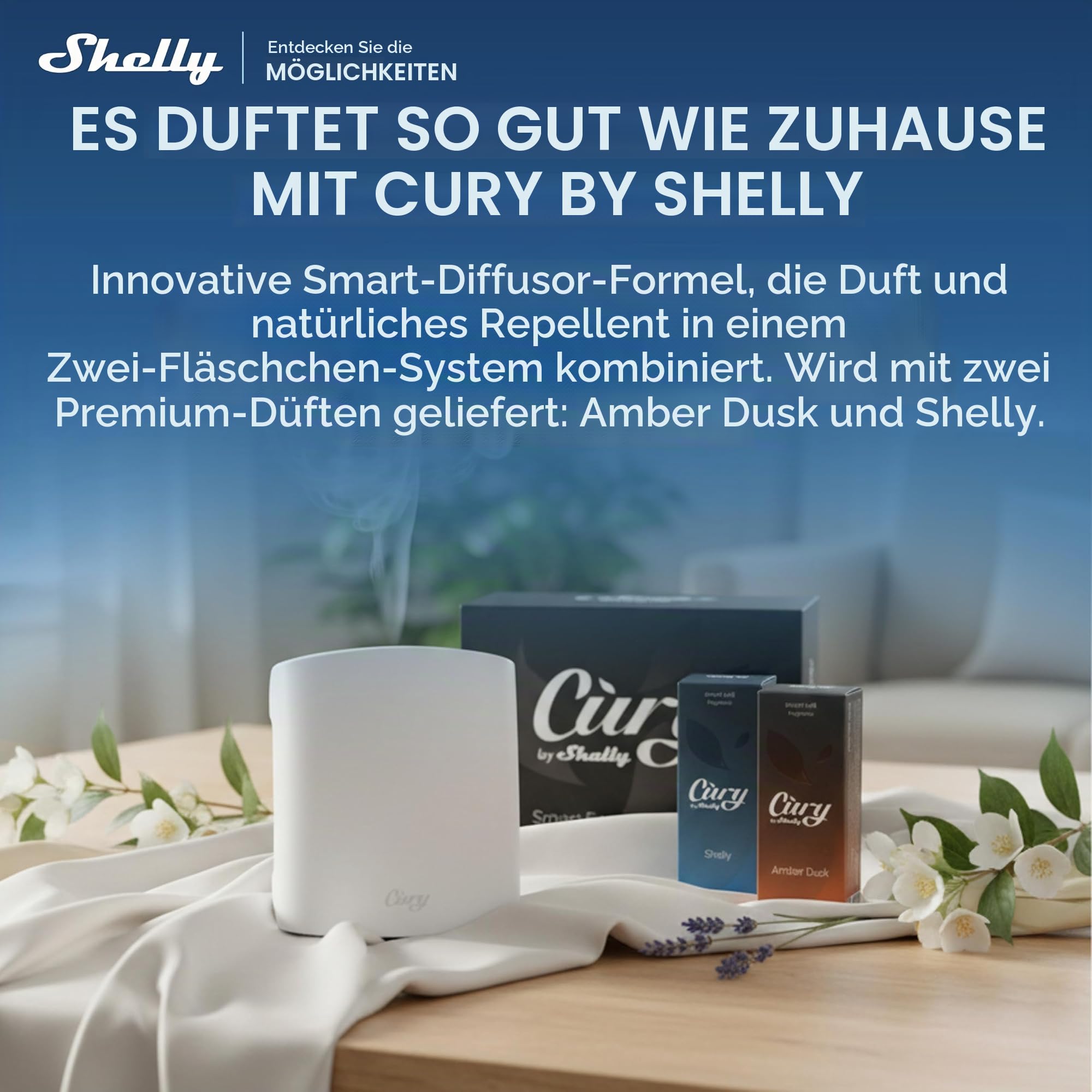 Cury by Shelly - WLAN Smart Lufterfrischer mit Schutzfunktion, Duft, Mückenabwehr, Automatisches Umschalten, Steckdosen Diffusor, Wasserloser Raumduft, LED-Beleuchtung, Zeitschaltuhr