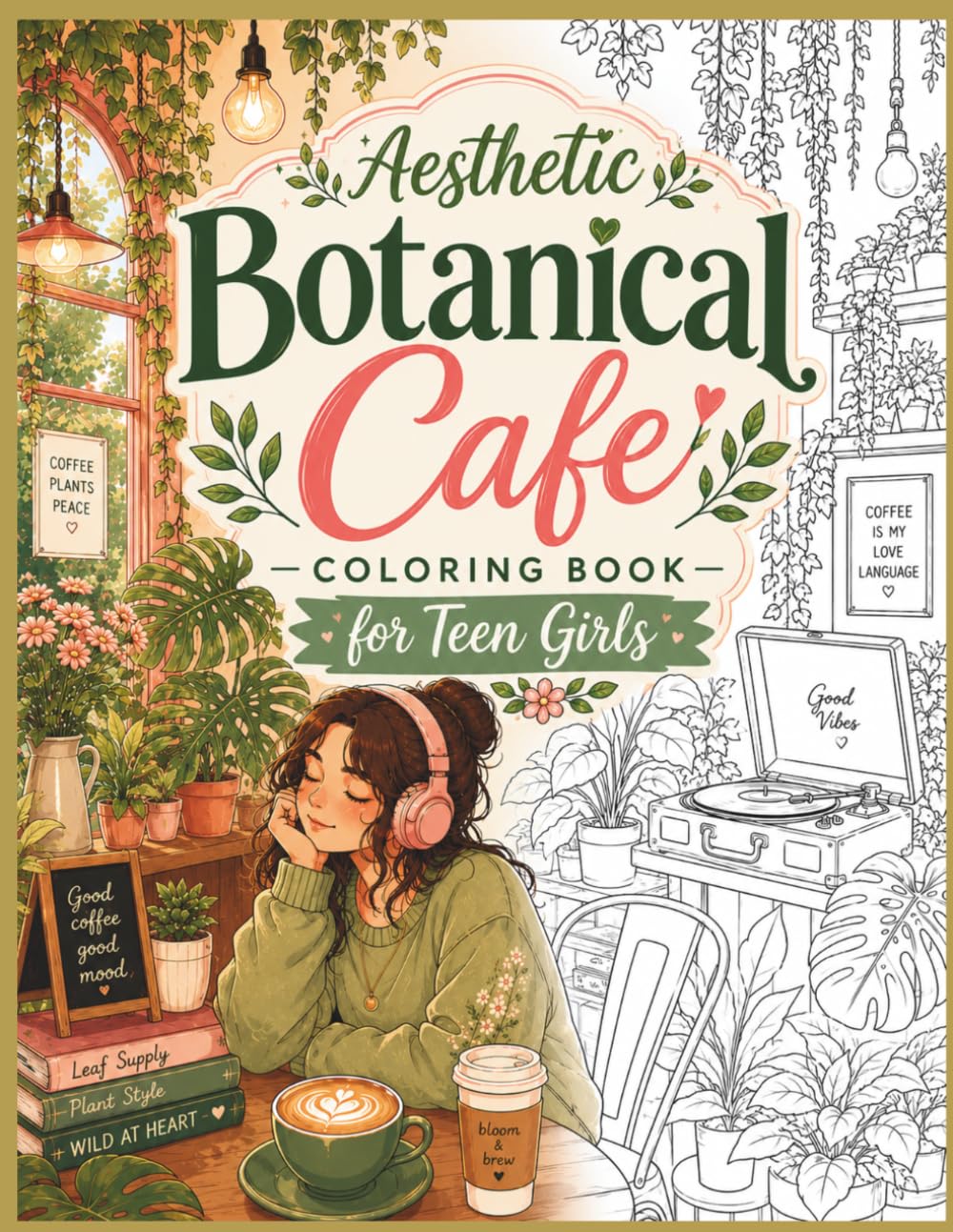 Aesthetic Botanical Cafe Coloring Book for Teen Girls: Cozy Coffee Shop and Plant Lover Scenes | Relaxing and Calming Coloring Pages for Teens and Young Adults