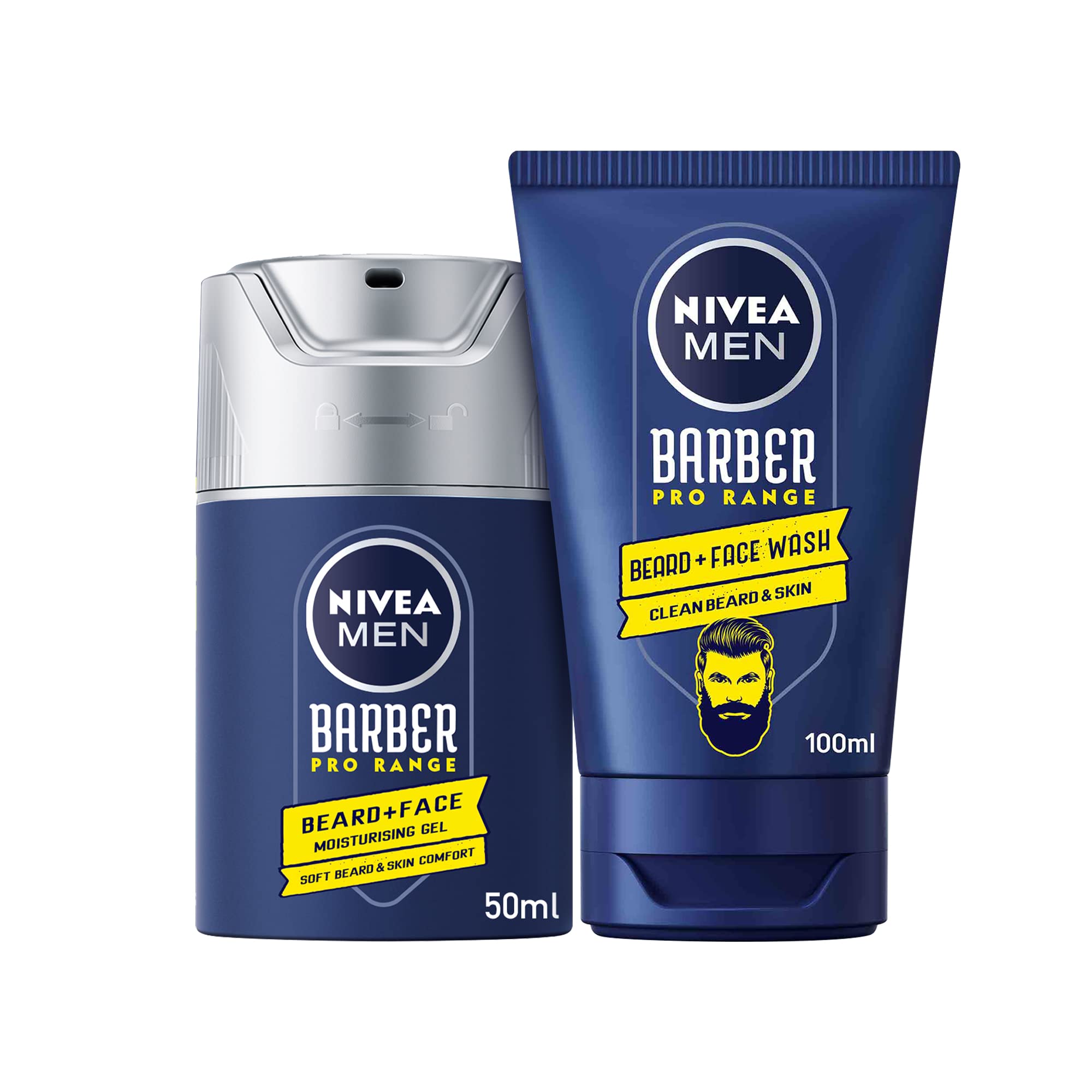 NIVEA MEN Barber Pro Range bundle: Beard & Face Wash Cleanser for Clean & Soft Beard, 100ml + Beard & Face Gel Moisturizing for Soft Beard No Itchiness, 50ml, 150.0 millilitre