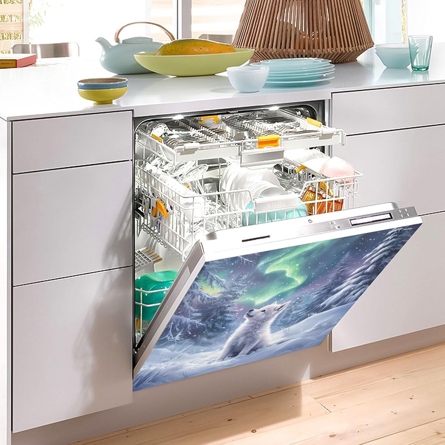 Dishwasher Magnet Cover Large Magnetic Stickers Cute Wolf Front Dishwasher Cover Reusable Decal for Home Kitchen Refrigerator Decorative Lid Washing Machine Laundry