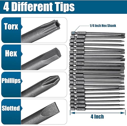 Miniatura 3 de Yakamoz Juego de 21 puntas de destornillador de 4 pulgadas de largo Torx Phillips con cabeza hexagonal ranurada PH2, puntas de destornillador de