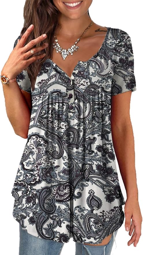 a.Jesdani Womens Summer Plus Size Tunic Tops Short Sleeve Blouses Casual Floral Henley Shirts
