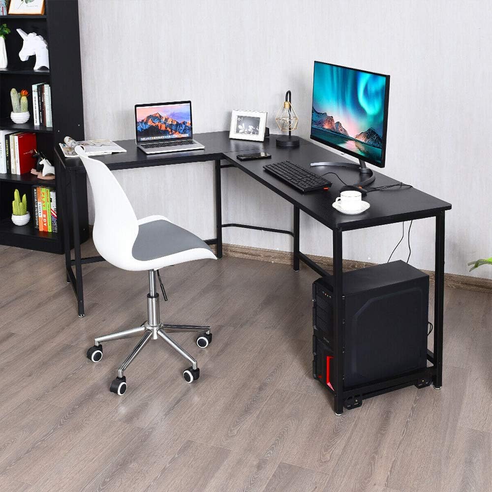 Henf L Shaped Computer Corner Desk, Metal and Wood Gaming Desk PC Table with CPU Stand, Writing Workstation Laptop Study Table for Home Office Study, Black