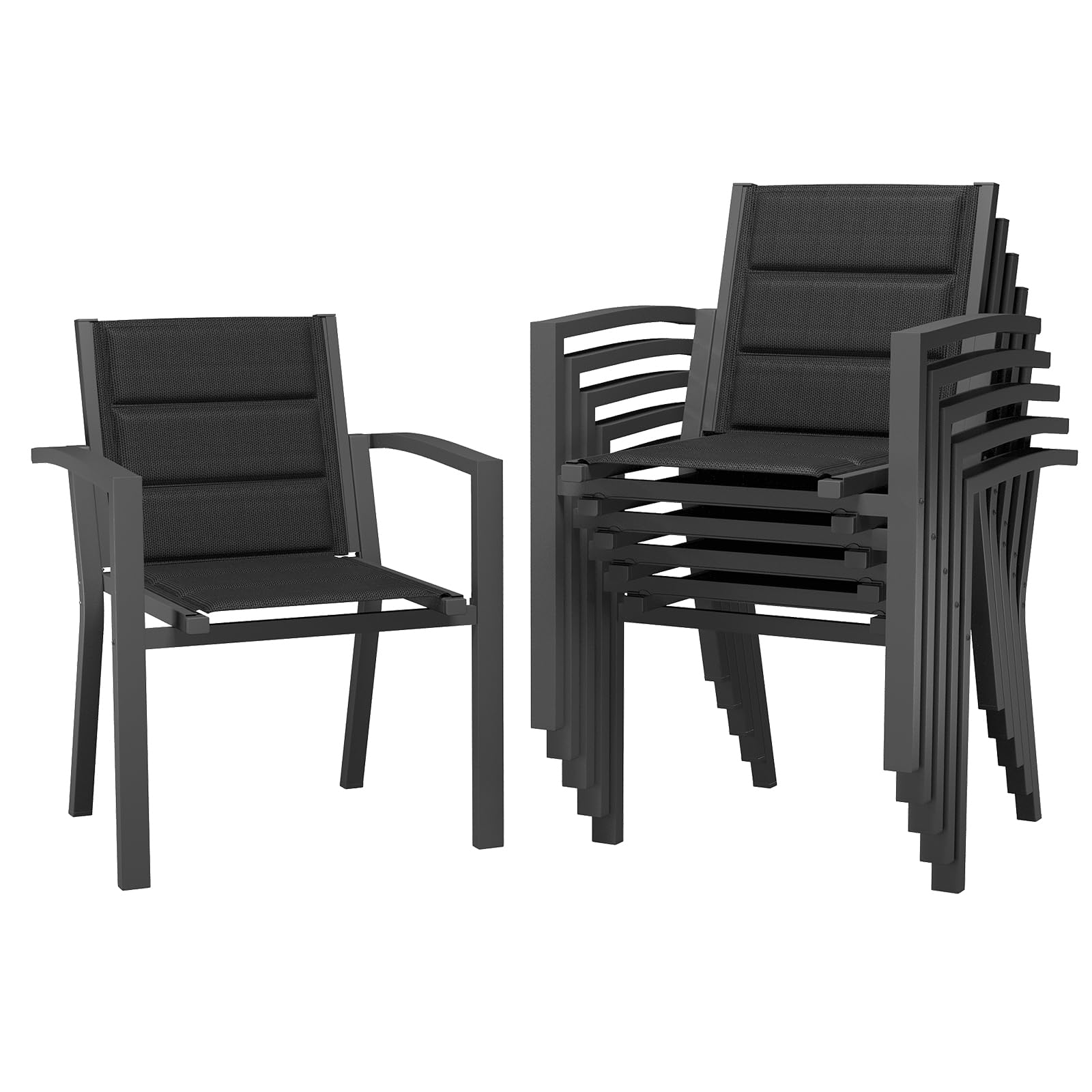 JUMMICO Lot de 6 Chaises de Jardin en Aluminium avec Assise et Dossier Moelleux ｜ Empilables ｜ Rangeables sous Table ｜ Charge 160 kg ｜ Idéales pour Salon de Jardin Extérieur, Cour et Balcon,Gris Foncé
