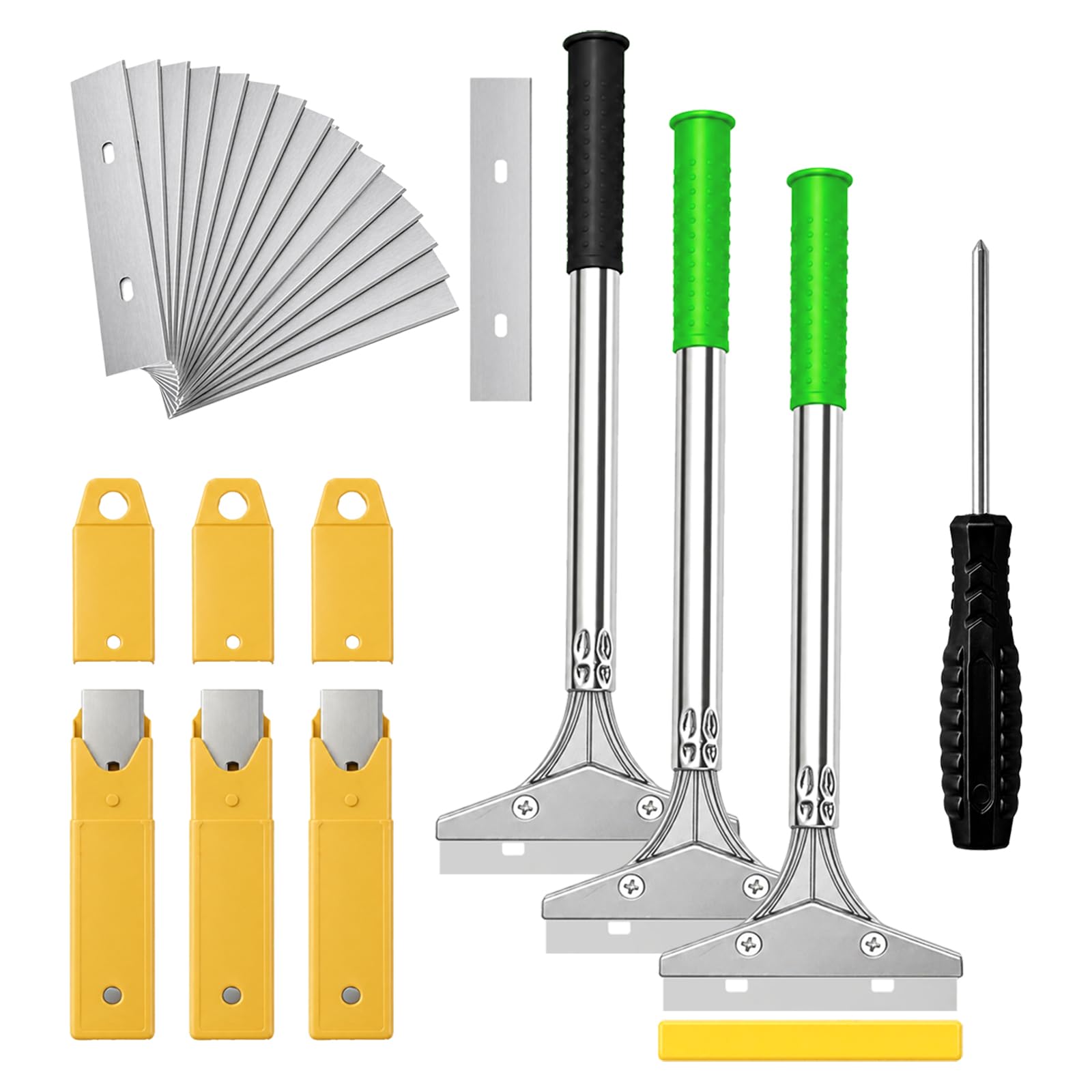 WENXINWIN 3 Pack Heavy Duty Wallpaper Scraper Tool, 4 Inch Blade Long Handle Non Slip Wall Scraper with 30 Spare Blades, Perfect for Wallpaper Stripping, Paint, Tile Adhesive & Glue Removal
