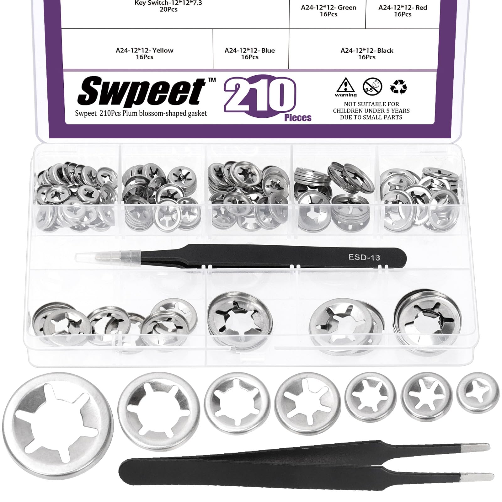 Swpeet 160Pcs 7 Sizes M3 M4 M5 M6 M8 M10 M12 304 Stainless Steel Internal Tooth Star Lock Washers with Tweezers Kit, Push-On Locking Speed Clip, Quick Speed Clips Retaining Clips Fasteners