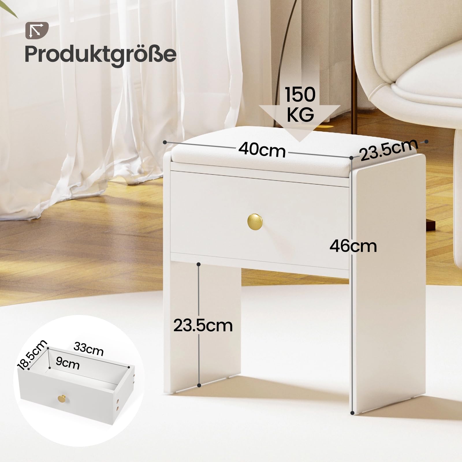Tabouret de Coiffeuse, Chaise Rembourrée de Maquillage avec Tiroir, Tabouret de Maquillage en Bois avec Patins Antidérapants, pour Dressing, Chambre à Coucher, Couloir et Salon, Blanc