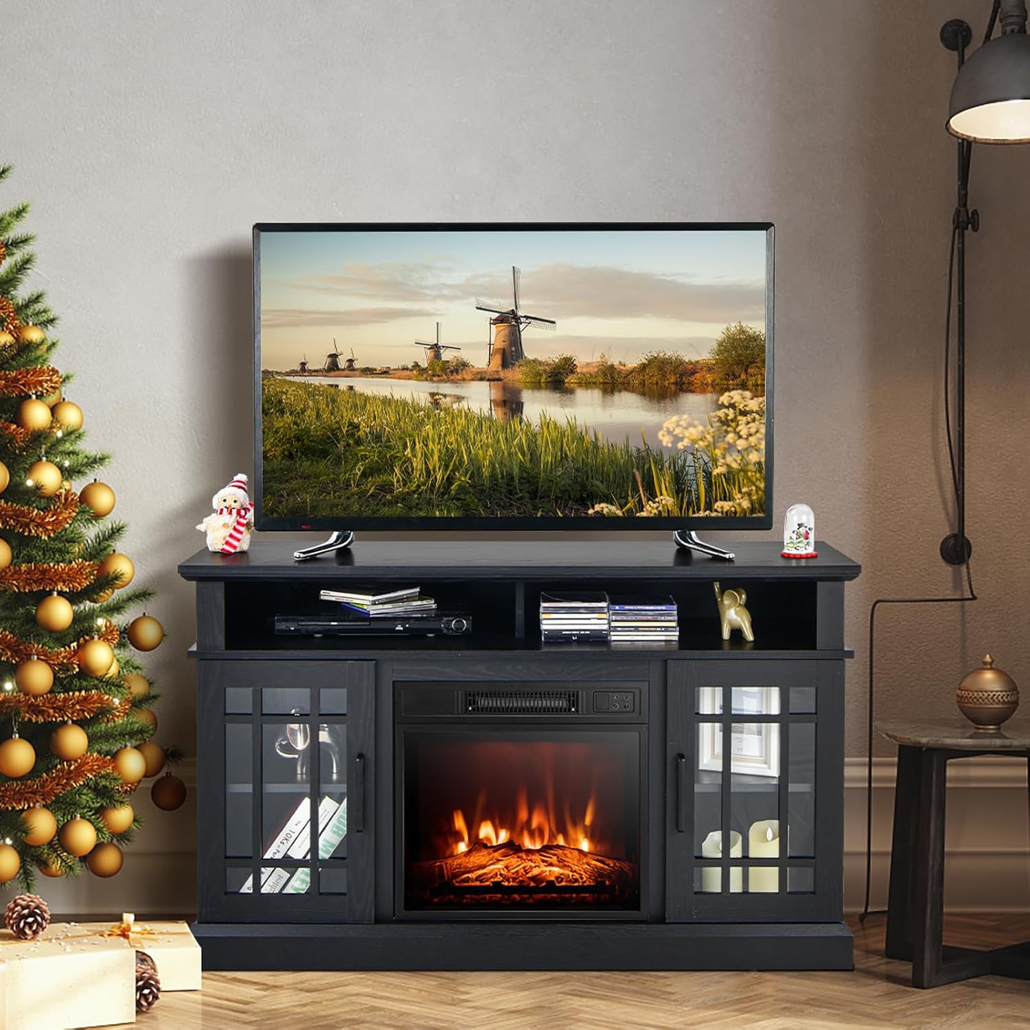 KOTEK Fireplace TV Stand for TVs up to 55", Media Entertainment Center Console Table with Fireplace Insert Heater, 18-Inch Electric Fireplace with Storage for Living Room, Bedroom (Black)