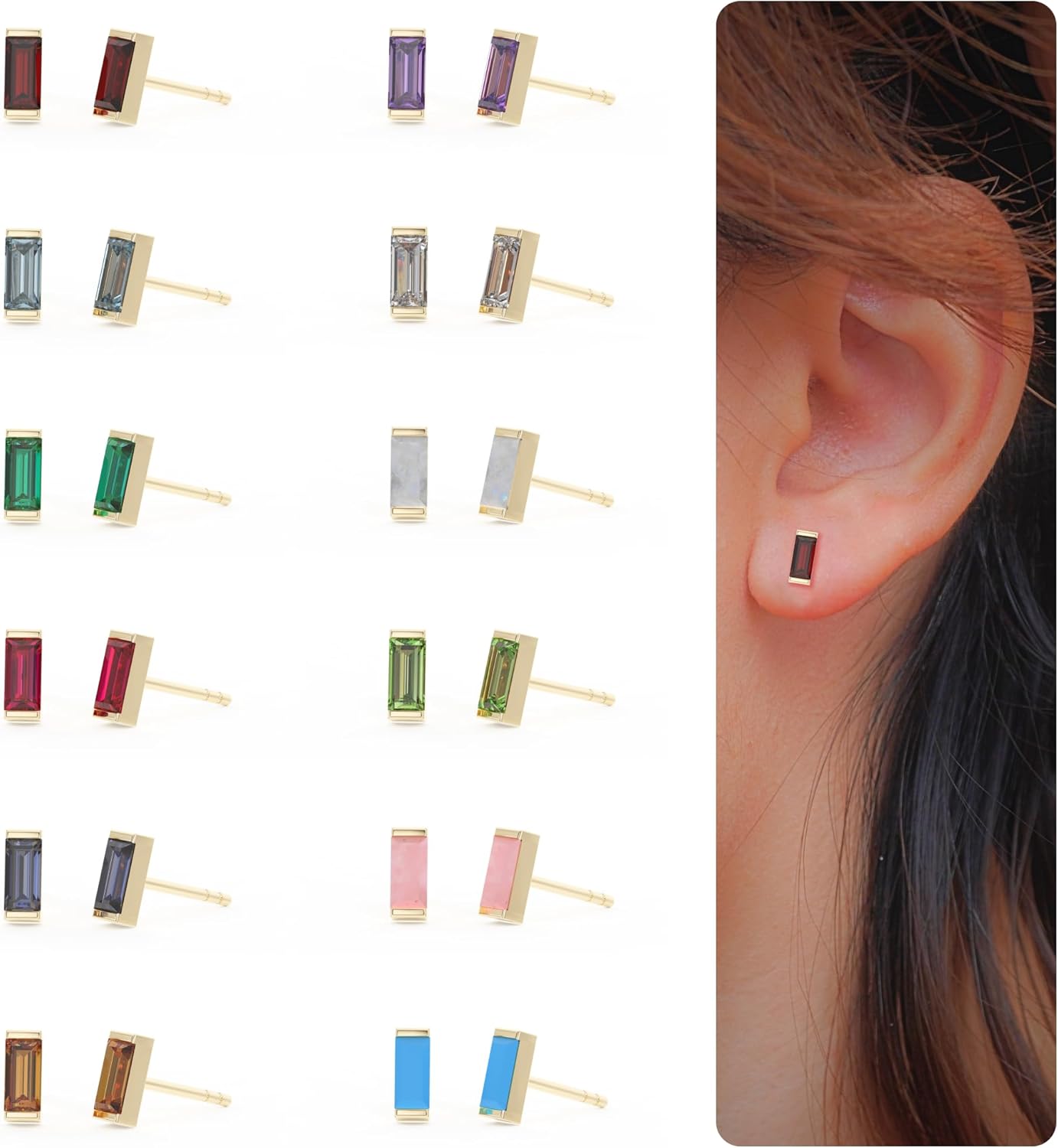 18k Gold Plated Aretes de Mujer Rectangle Crystal Garnet January Birthstone Dainty Minimalist Stud for Women Teen Girls - Stocking Stuffers Jewelry Gifts