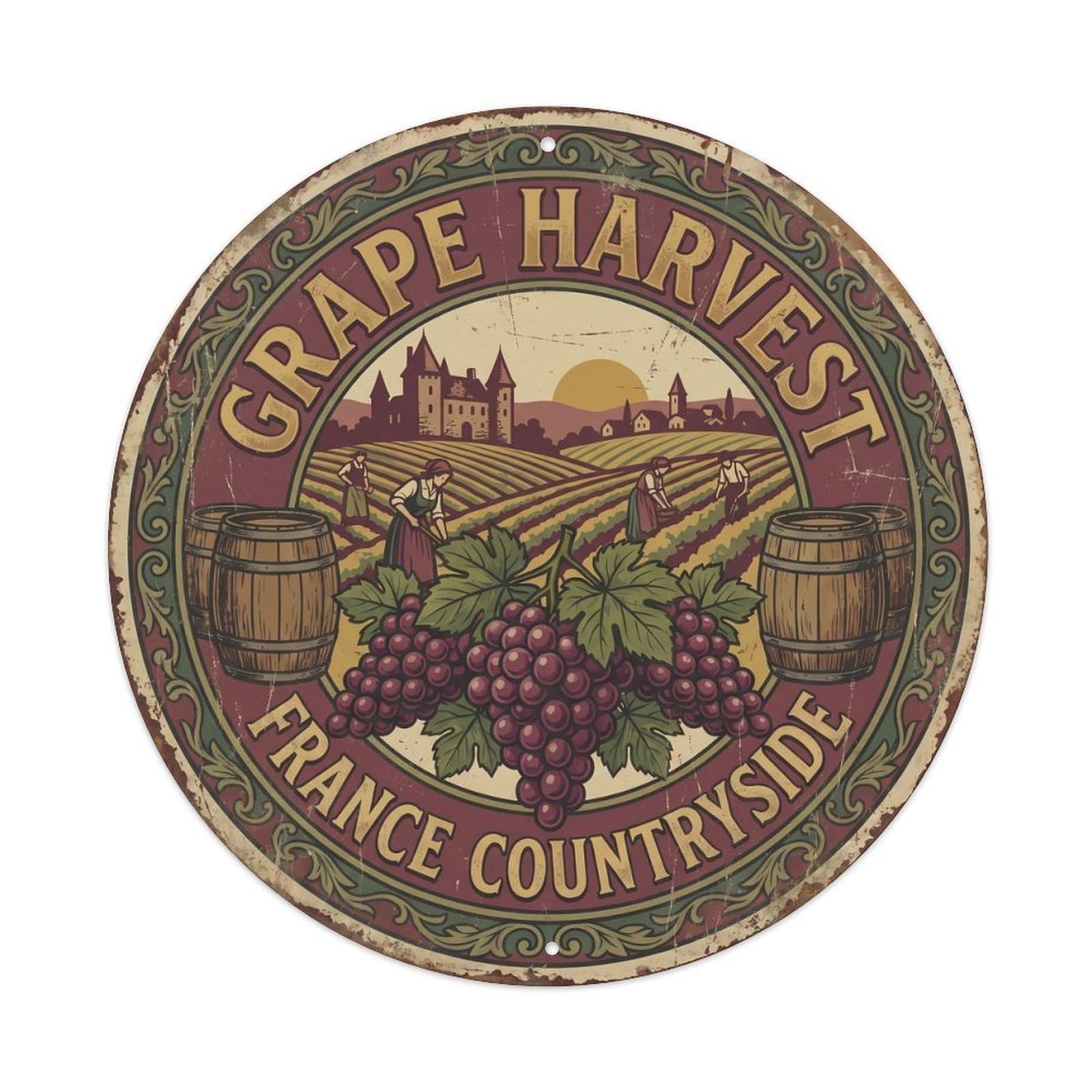 Vintage Travel Grape Harvest France Countryside Metal Tin Sign Plaque Wall Decor for Cafe, Club Bar, Office, Home Garden Round Metal Poster 8x8Inch