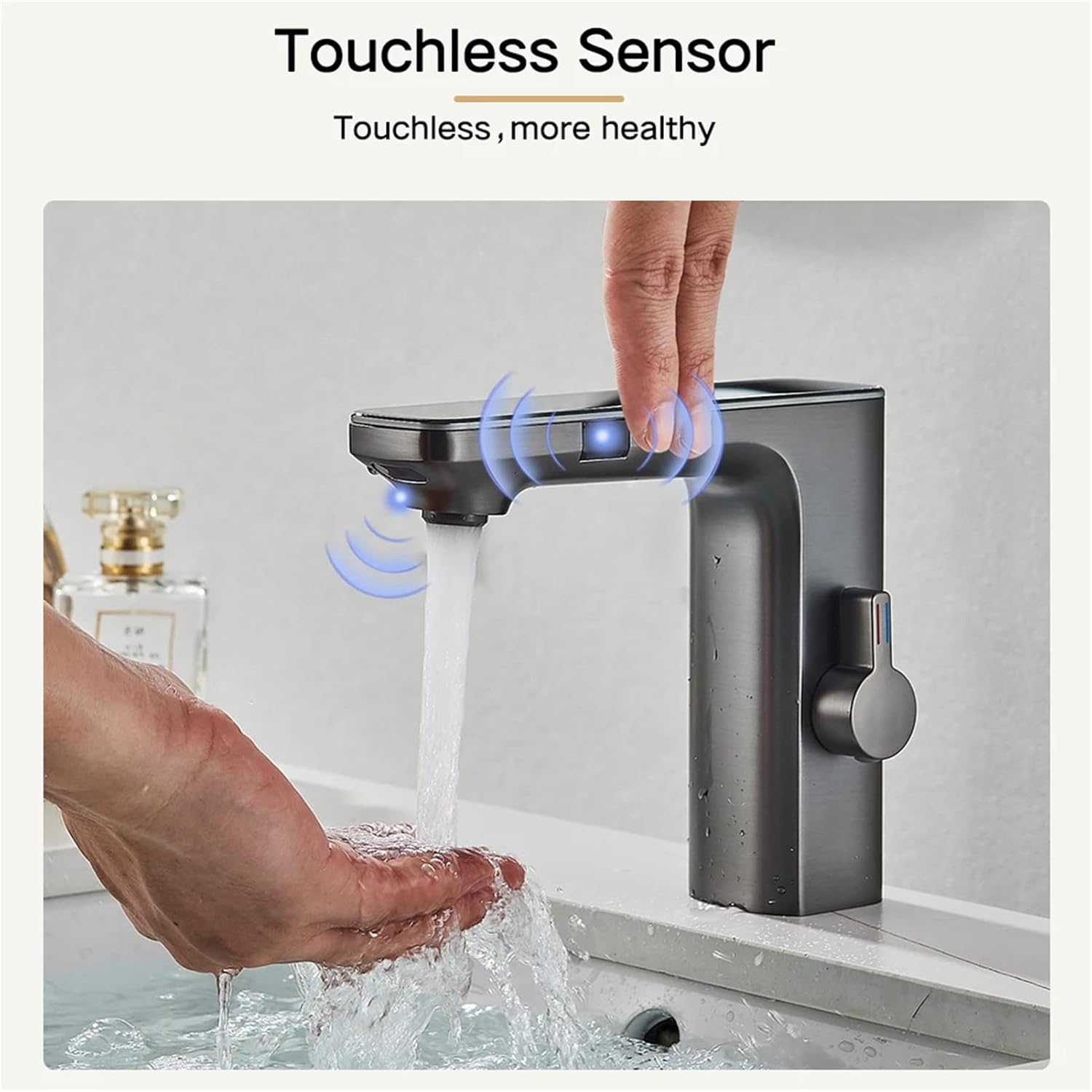 Touchless Sensor Basin Faucet, Brass Smart Digital Display Bathroom Sink Faucet Battery Power, Deck Mount Hot Cold Water Mixer Tap (Gray)