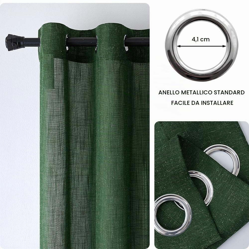 MIULEE Tende lino traslucido passanti 2pz L140xA225 Verde scuro | Tende traslucide effetto lino con passanti metallici, leggere e moderne, adatte per soggiorno, camera e cucina