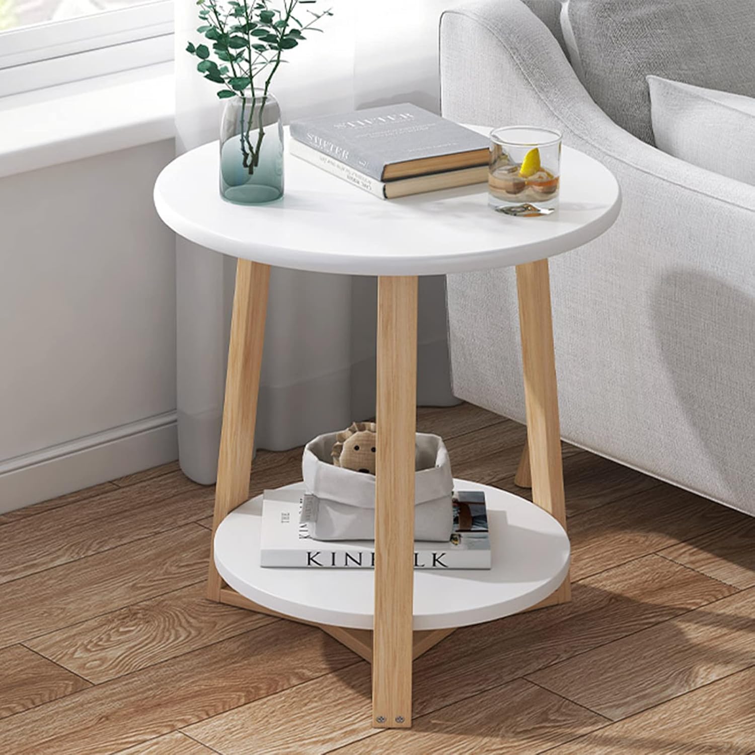 Side Table/End Table, Solid Wood Round Coffee Tables Modern Minimalist Style Furniture Side End Table of Stable Couch Table Console Table,White