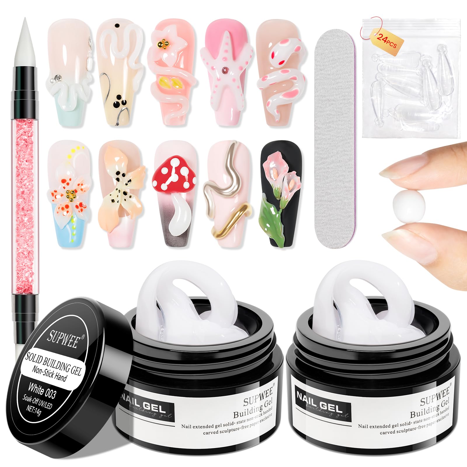 SUPWEE Festes Builder Gel für Nägel Non-Stick Hand 2 Stück Weiß 3D Gel Nail Art Skulptur zum Schnitzen von Mustern Prägung hartes für Nägel Mniküre 14g