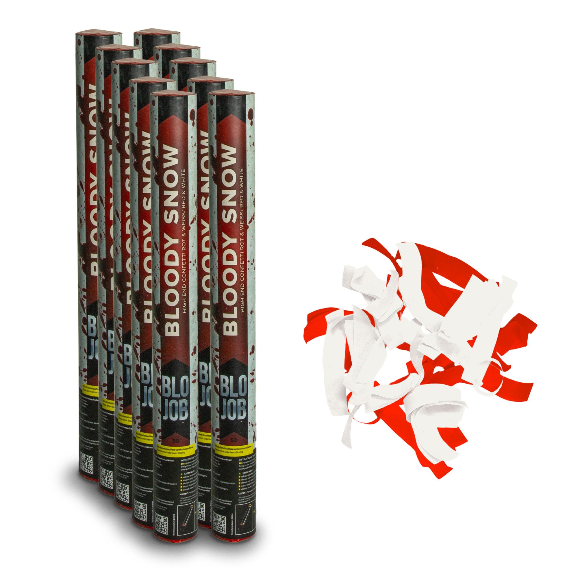 Pyroland 10 Stück Konfettikanone Bloody Snow 50 cm, rot-weißes Konfetti, Party Popper für Fußball, Karneval und Mottopartys