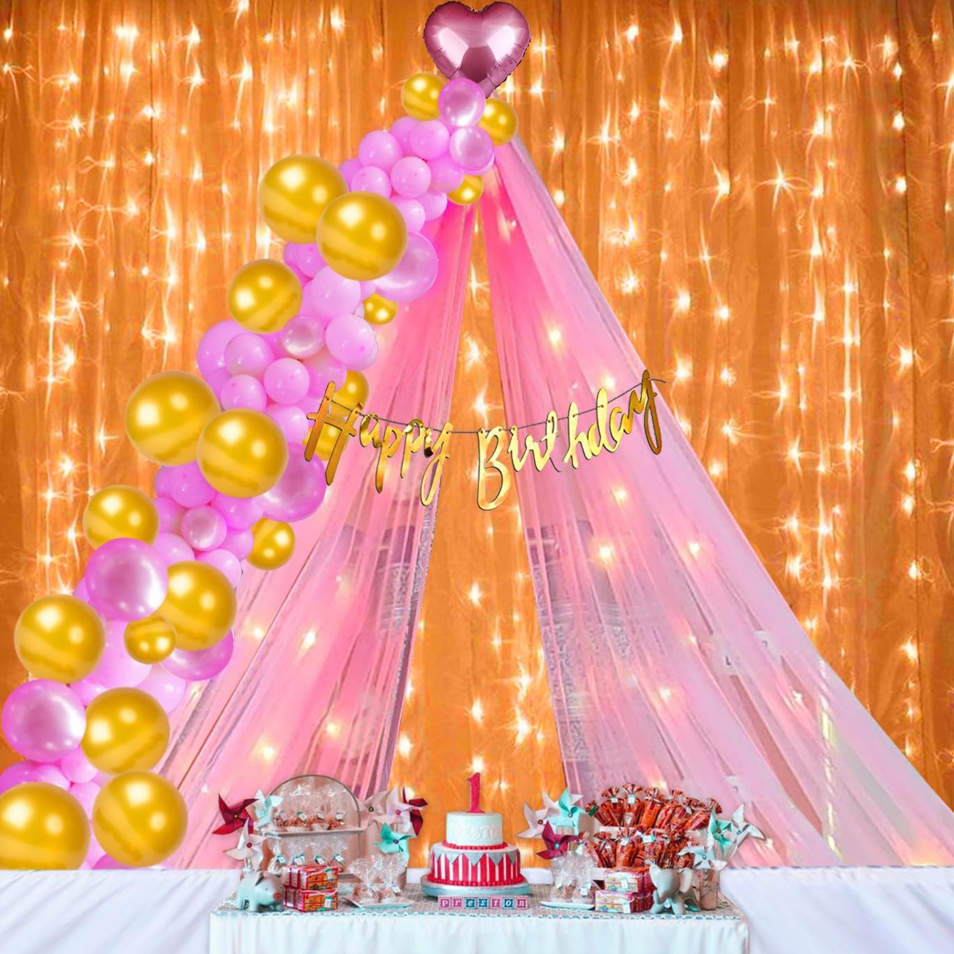 1iAM Happy Birthday Decoration Items for Girls, Boys | Pack of 45 - 1pc Banner, Net, Light, Arch & 41pcs Balloons | Romantic Pink Golden Cabana Birthday Decoration Kit for Wife | Party Supplies