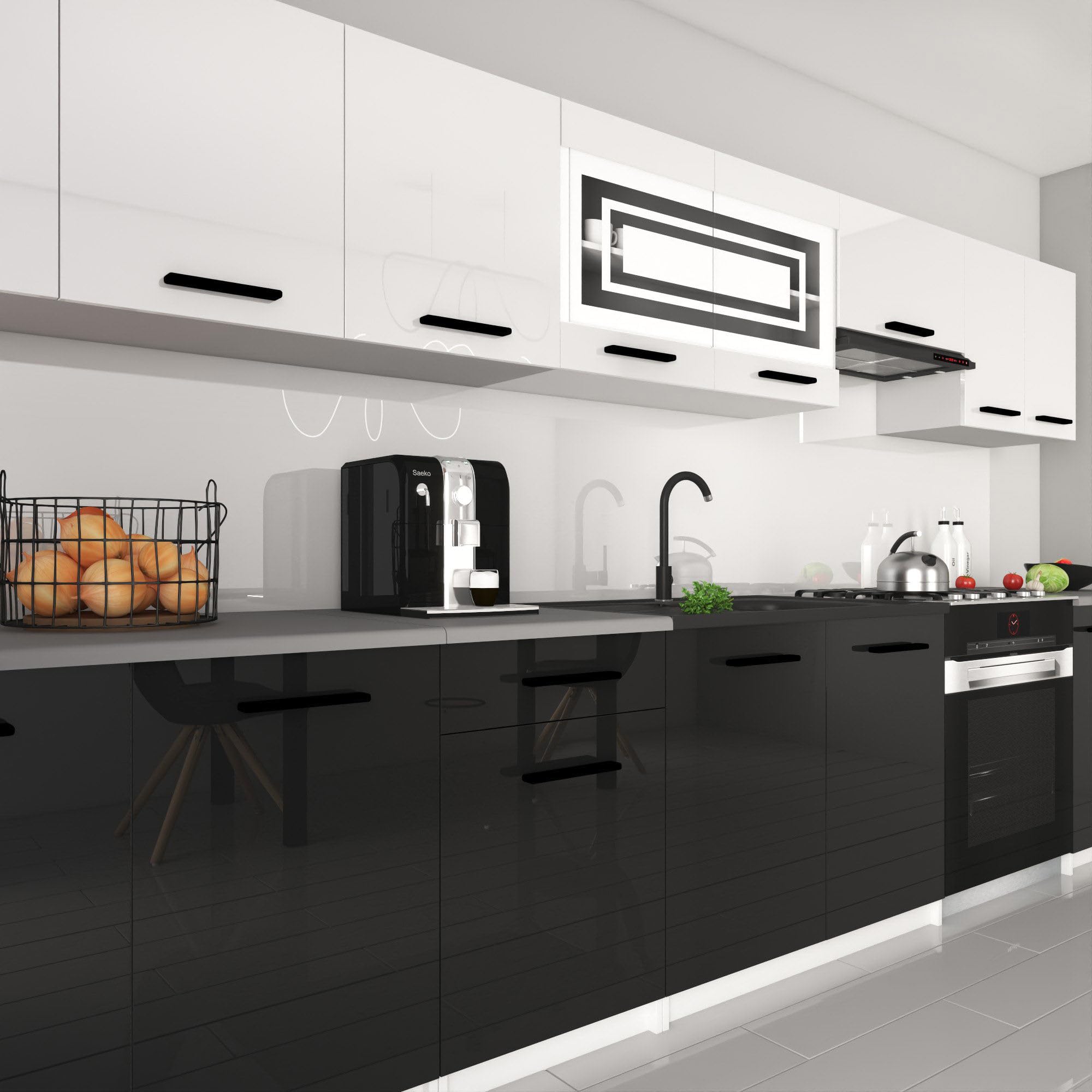 Belini Italia 3 Liniowa szafka kuchenna 320cm biało-czarna | ECONATURA DECOR Liniowa szafka kuchenna, szafka, bez sprzętu AGD, z blatem roboczym