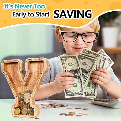 Miniatura 8 de Alcancía grande de madera con nombre personalizado para niños y niñas, alfabetos, letras A-Z, monedas, billetes, cambio de dinero, caja bancaria con