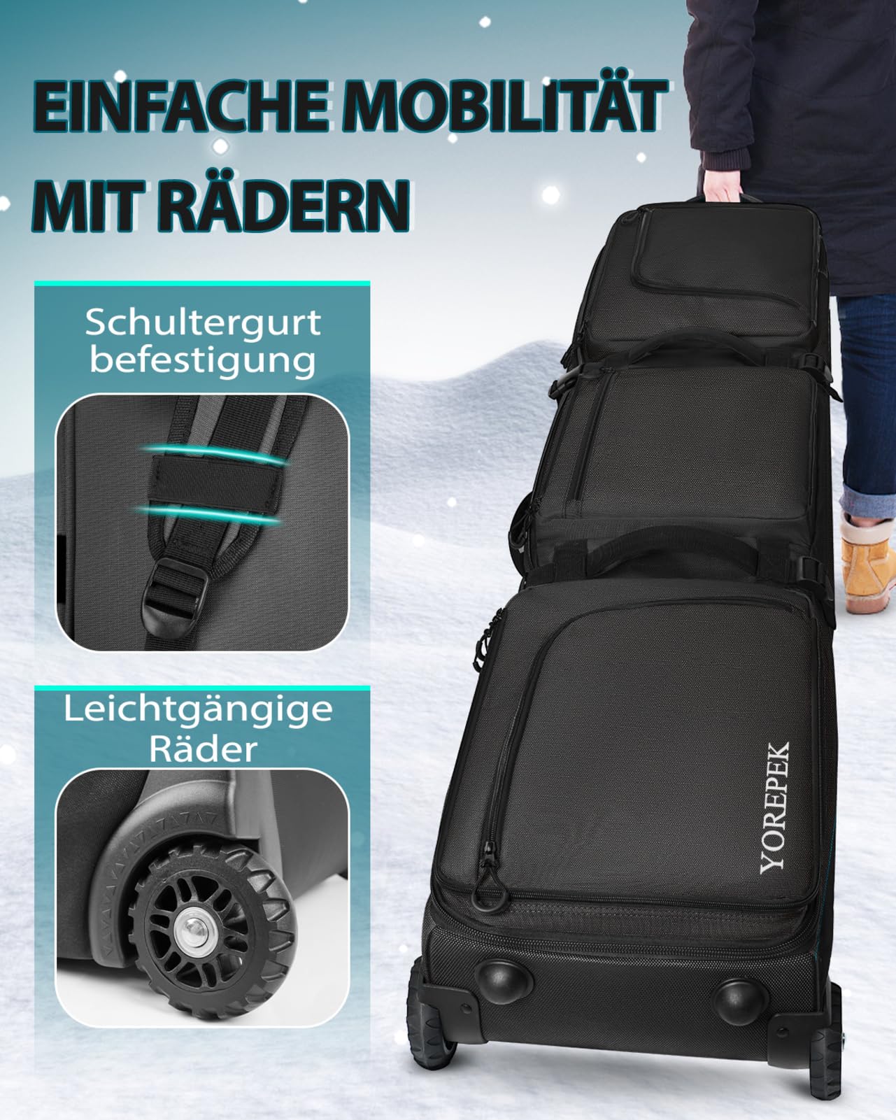 YOREPEK Snowboardtasche mit Rollen, Wasserdicht Snowboard Tasche mit 6 Tasche für Skischuhe, Erweiterbar 170 cm Faltbare Skitasche für 2 Paar Ski, Snowboard, Skiboard, Flugreisen Geeignet