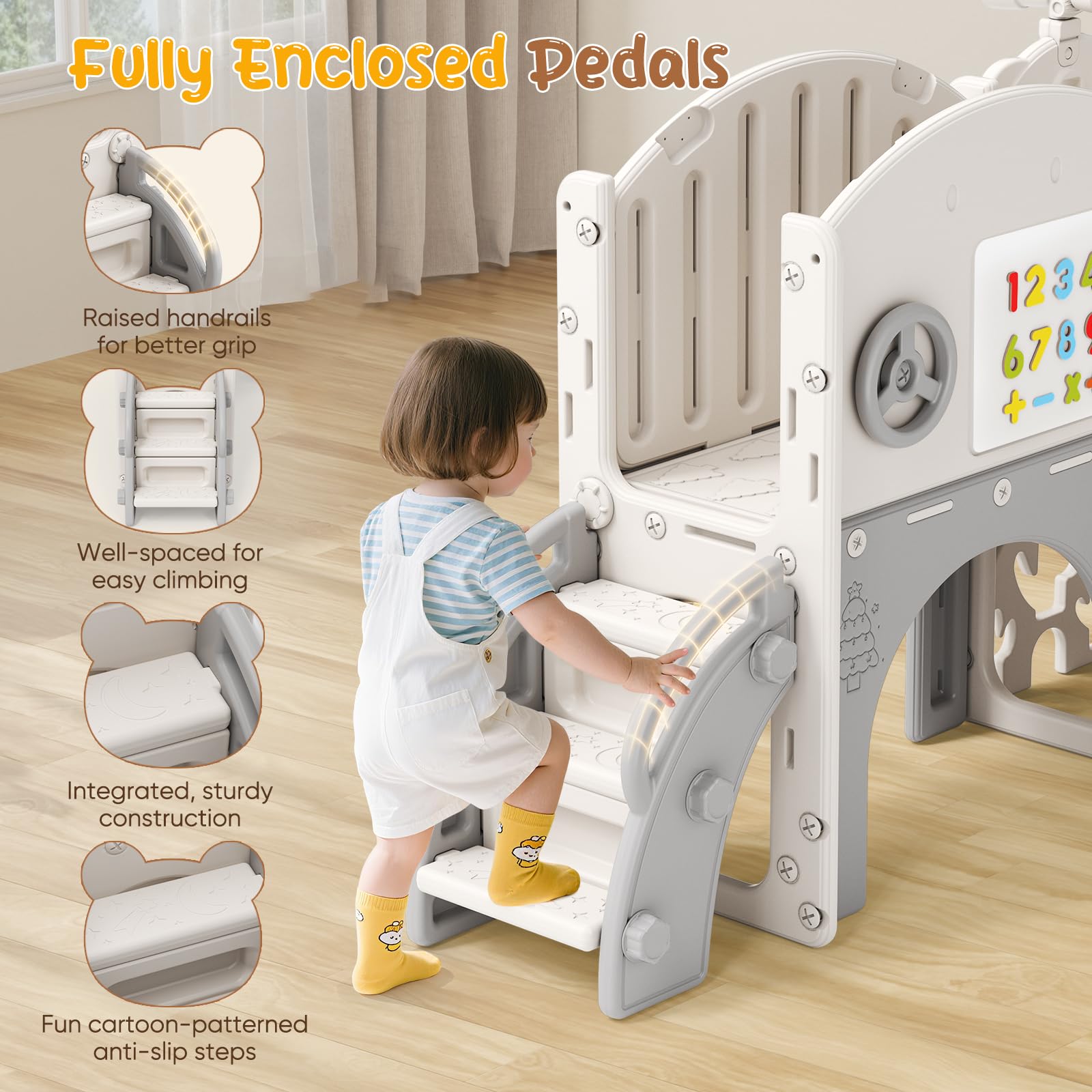 Scivolo per bambini, scivolo per bambini piccoli indipendente con canestro da basket, attrezzatura per parco giochi con scivolo, scivoli all'aperto (Beige Grigio-8 in 1)