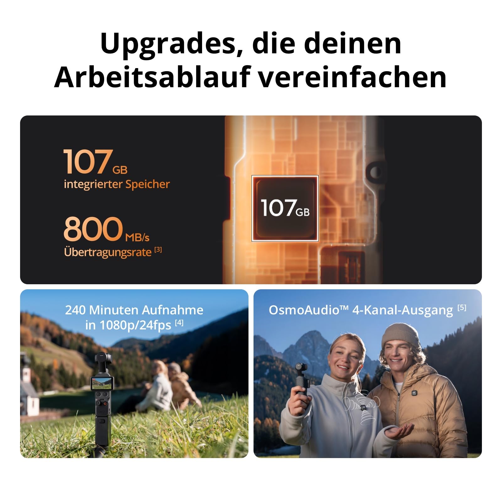 DJI Osmo Pocket 4 Kreativ Combo, Pocket-Gimbal-Vlog-Kamera, 1″ CMOS und 4K/240fps, 3-Achsen-Stabilisierung, 2× verlustfreier Zoom, 107 GB integrierter Speicher, Mic 3 Sender, Fülllicht