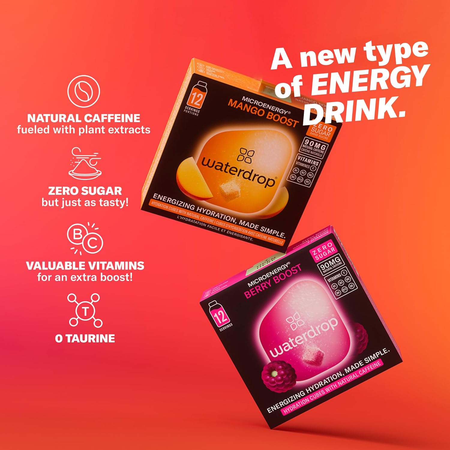 Waterdrop Microenergy Berry & Mango Boost Mix – 24 Hydration Cubes with Natural Caffeine (90 mg/serving) - Sugar-Free, Vegan, Vitamin-Enriched Cubes - Energy Flavored Water Enhancer - 24 Count