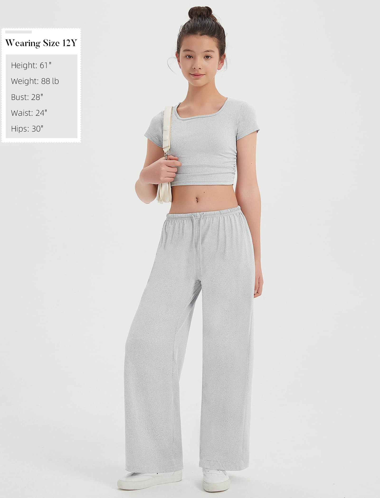 EXARUS Conjunto de 3 conjuntos de descanso para niñas, 2 piezas, fruncidos, manga corta, cordón, pantalones de pierna ancha con bolsillos