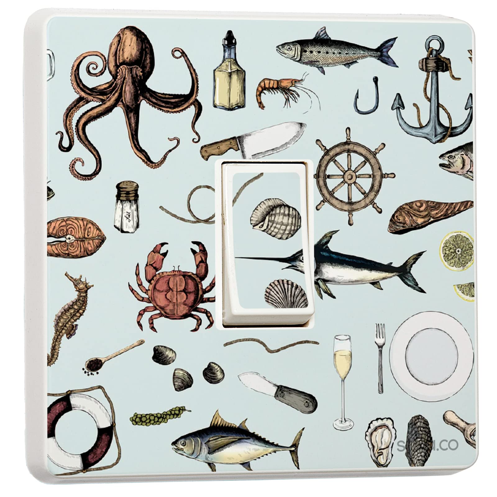 Stika.co Light Pack Of 2 Seafood Concept, Nautical Themed Sticker, Design For Single Switch Cover Vinyl Sticker