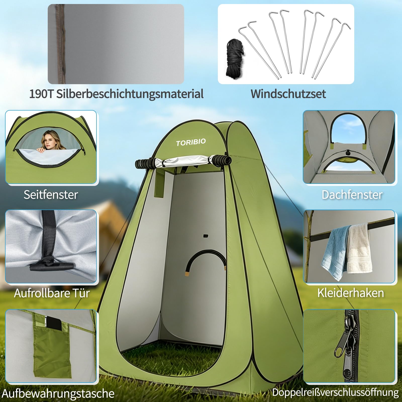OUUTMEE Duschzelt, Camping Toilettenzelt, Tragbarer Pop Up Umkleideraum, Mobiler Strandumkleidezelt, Outdoor WC Zelt, UV-Schutz, Wasserabweisend Umkleidezelt für Wandern, (Schwarz/Blau/Grün/Orange)