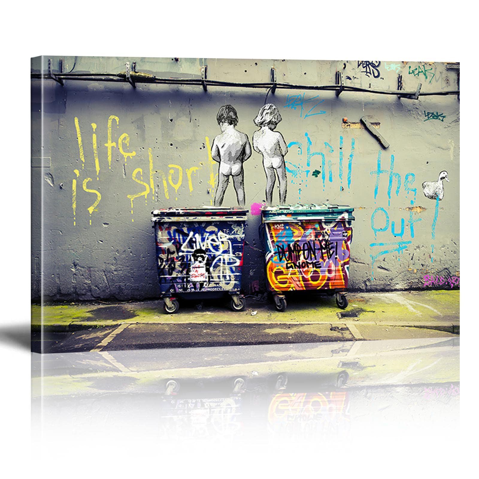 Banksy Bilder Leinwand Life is Short Wandbild 100x60 cm Graffiti Streetart Bilder Leinwand Bild XXL Wanddeko Poster Pop Art Bunt Kunstdruck für Wohnzimmer Schlafzimmer Dekor Mit Rahmen