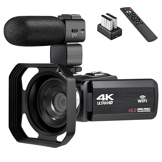 4k Video Camera Camcorder for YouTube Ultra HD 4K 48MP Vlogging Camera with Microphone & Remote Control WiFi Digital Camera 3.0" IPS Touch Screen IR Night Vision 2 Batteries