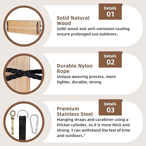Miniatura 4 de Asiento de columpio de madera de 23 x 8 x 1.1 500 libras, cuerda de nailon ajustable y correas de extensión para árbol, columpio de madera para