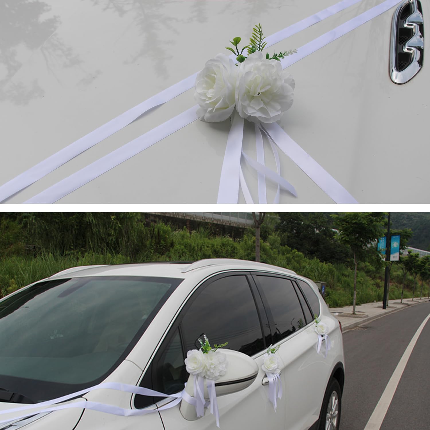 Chexin Ensemble de décoration de voiture de mariage Premium, roses blanches, capot mariée et marié