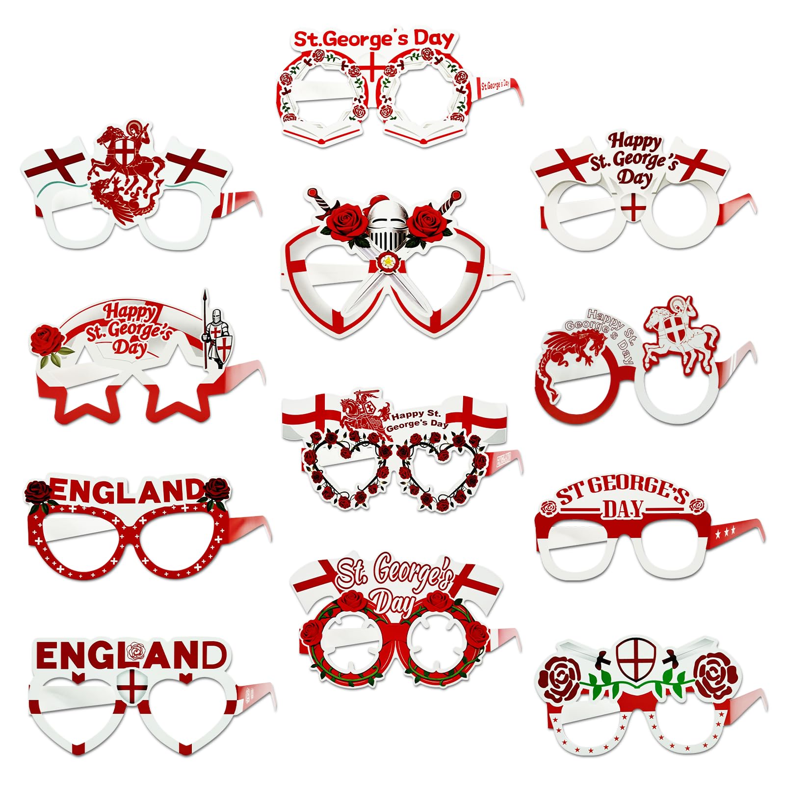 24Pcs St. George's Day Party Glasses Happy St Georges Day Eyewear England National Day Paper Eyeglasses Decorations Red White Photo Booth Props Accessories for Celebrating George Patriotic Party