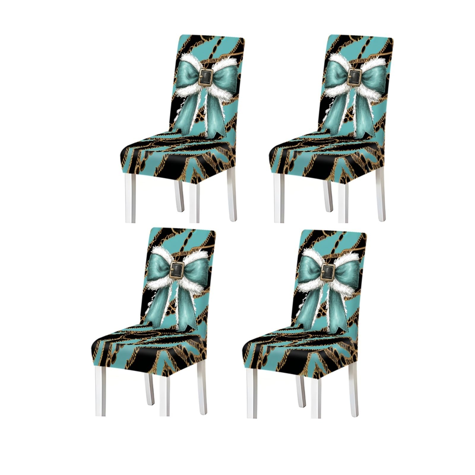 FZJKGH Turquoise Bow Dining Chair Covers Set Of 2/4/6, Stretch Washable High Back Chair Covers, Chain Print Removable Stretch Slipcovers for Dining Chairs(4PCSChair cover)