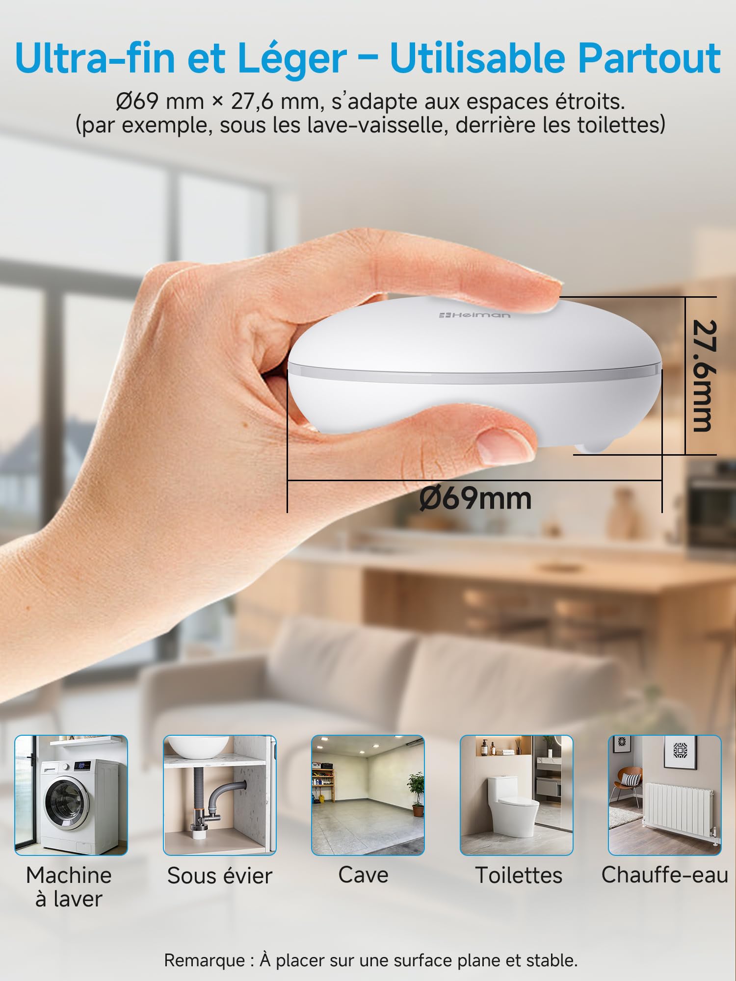 Heiman Détecteur de Fuite d'eau Intelligent avec Passerelle (Hub), Alerte App, Batterie 10 Ans, IP67 Étanche, Capteur WiFi pour Cave & Cuisine, Kit de Surveillance (2,4GHz Uniquement), HS2WL-R