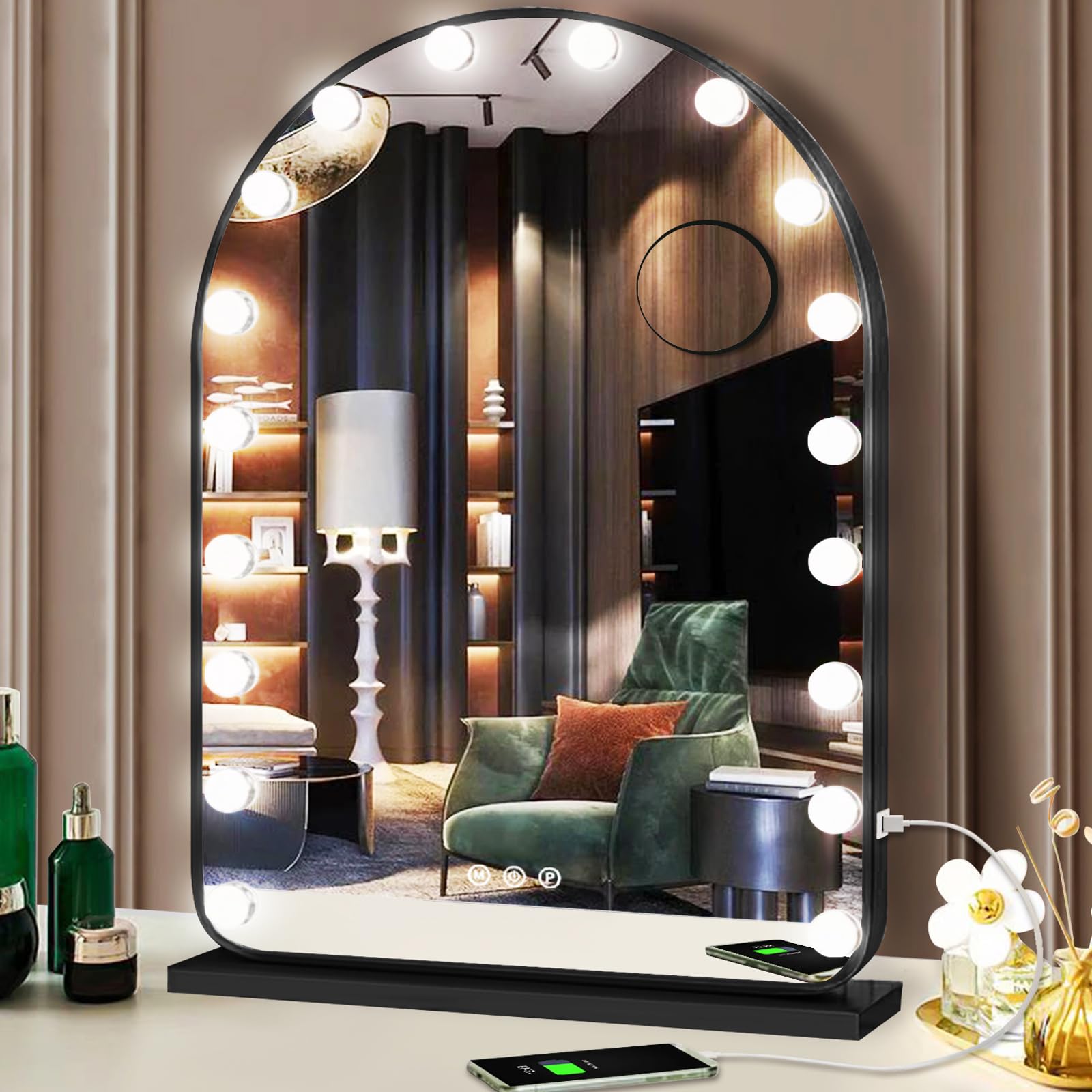 DIDIDADA Hollywood Arch Black Vanity Makeup Mirror with Lights 18 Bulbs Dimmable 3Color Black Lighted Vanity Mirror for TableTop Wall Detachable Base X10 Magnifying Arch Makeup Desk Mirror with Lights