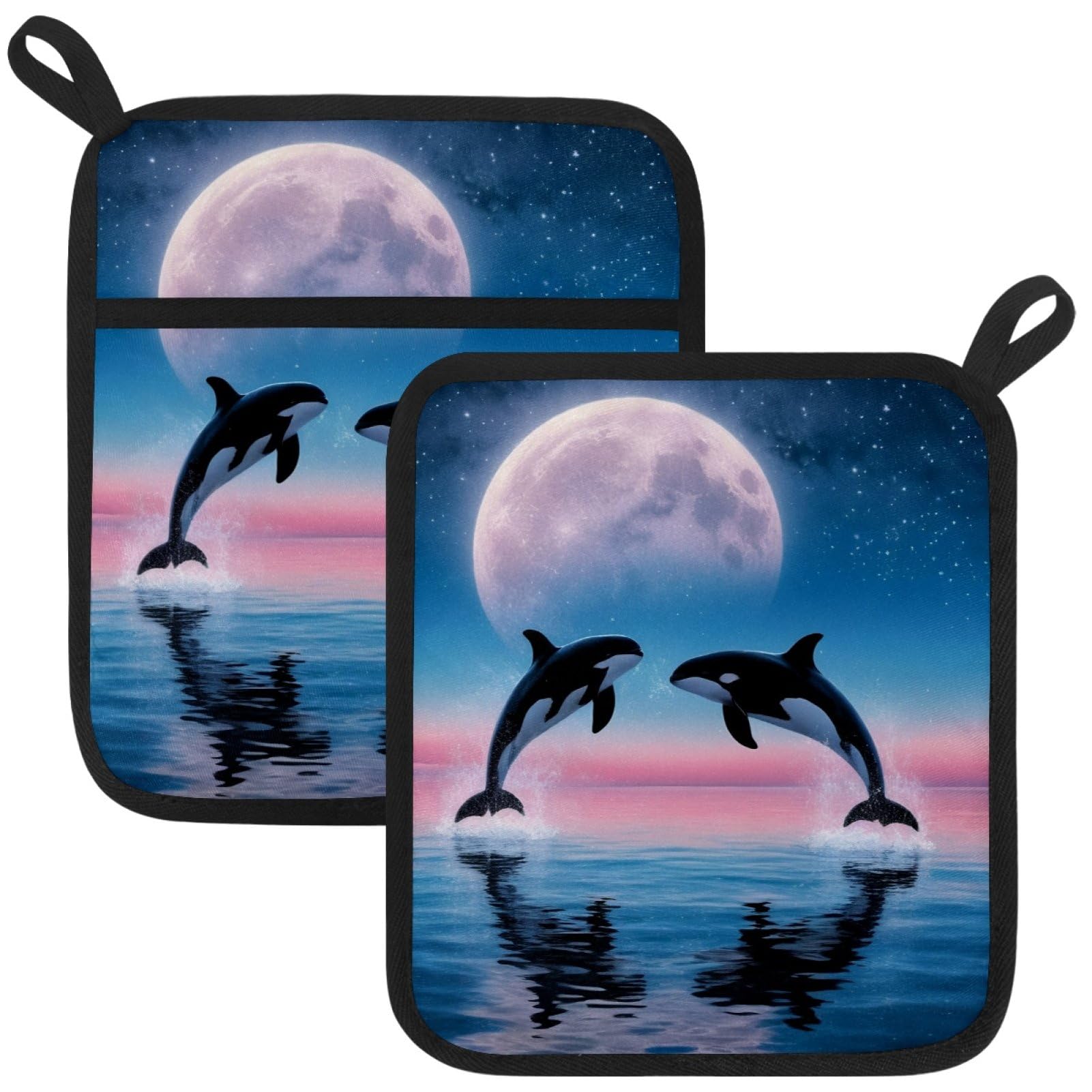 VAPOKF Whale Moon Pot Holders with Pocket for Kitchen Heat Resistant Potholders Large Polyester-Cotton Square Oven Mitts Set